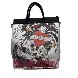 Ed Hardy Black Silver Love Kills Slowly Large Backpack Tote Handbag Vegan NWT